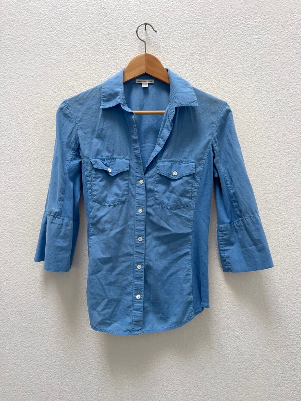 ames Perse Women's Blue 100% Cotton Button Up Shirt Ribbed Trim Size 2 / M